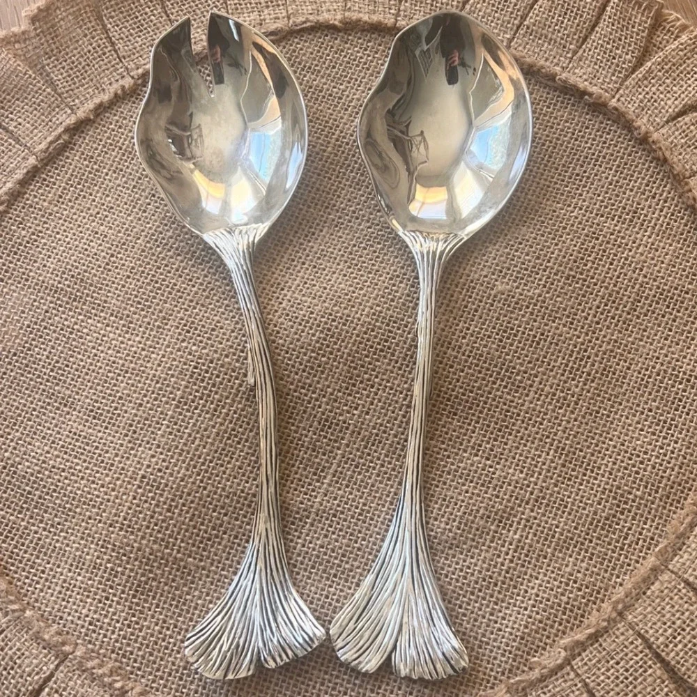 Silea Silver Plated Ginkgo Leaf Salad Servers Set 2 Piece Botanical Design